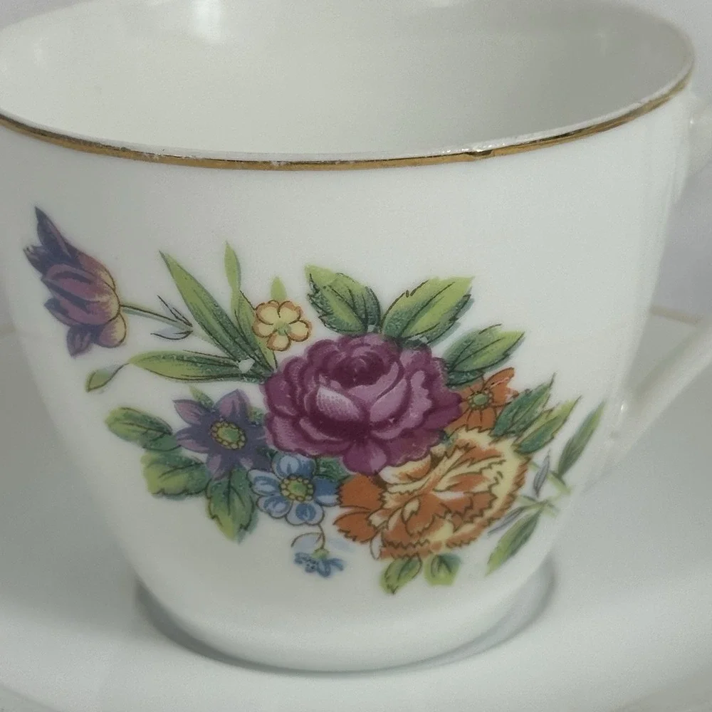 Vintage Floral Teacup‎ Saucer Set Gold Trim Multi-Color Rose Grandmillennial